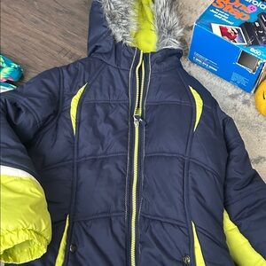 Navy and Lime Green Puffer Jacket with Faux Fur Hood
